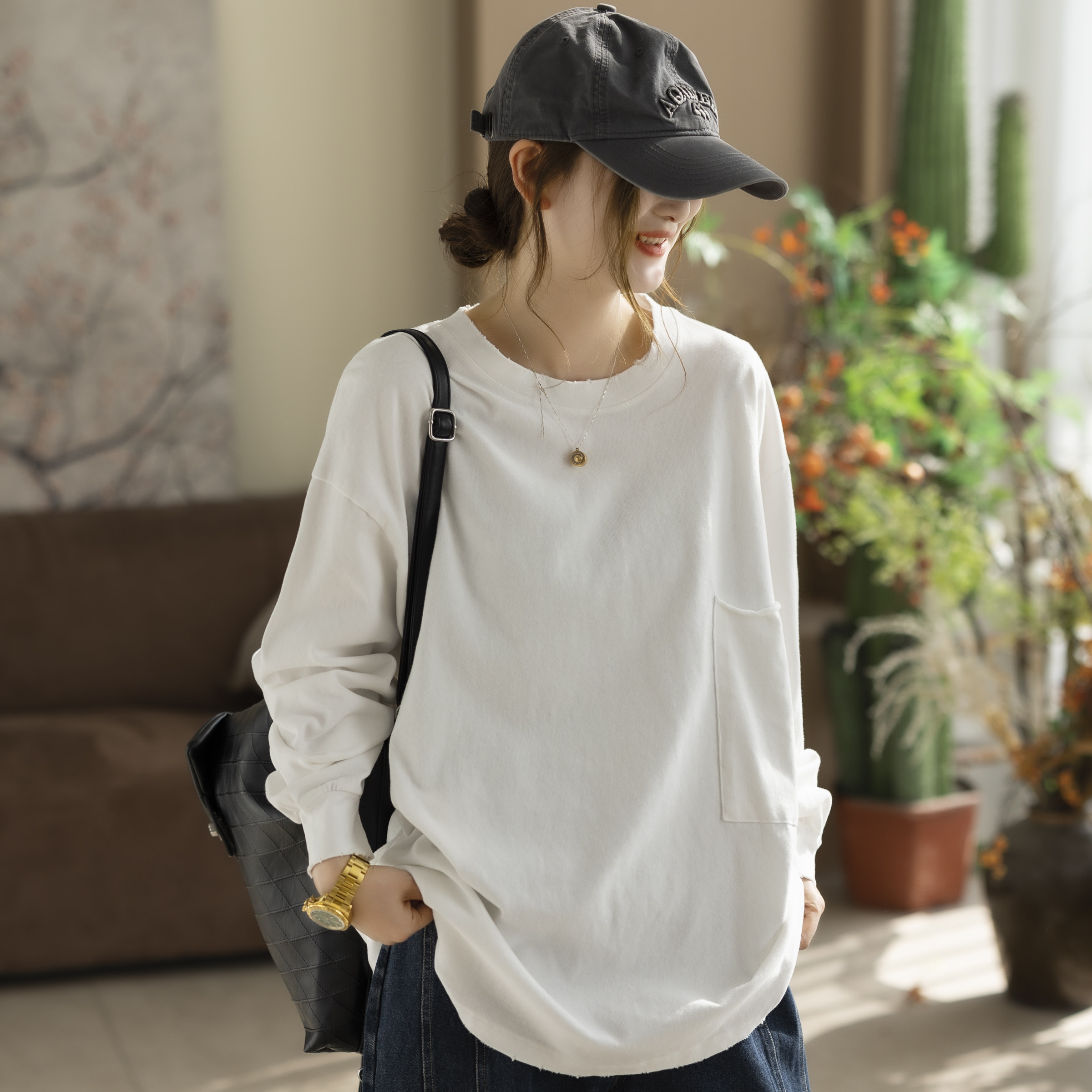 咖咪羽韩版复古棉长袖卷边套头宽松圆领百搭显瘦T恤上衣女,女装/女士精品,卫衣/绒衫,淘宝优惠券,粉丝福利购,淘宝优惠卷