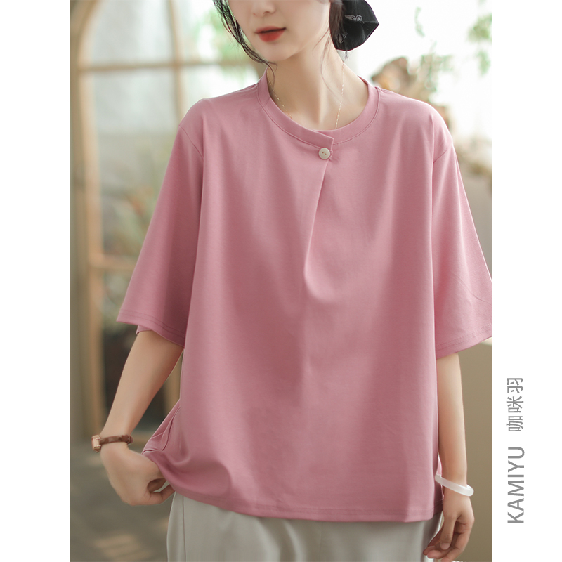 咖咪羽T恤女夏季2025新款圆领百搭复古文艺原创气质显瘦女装短袖