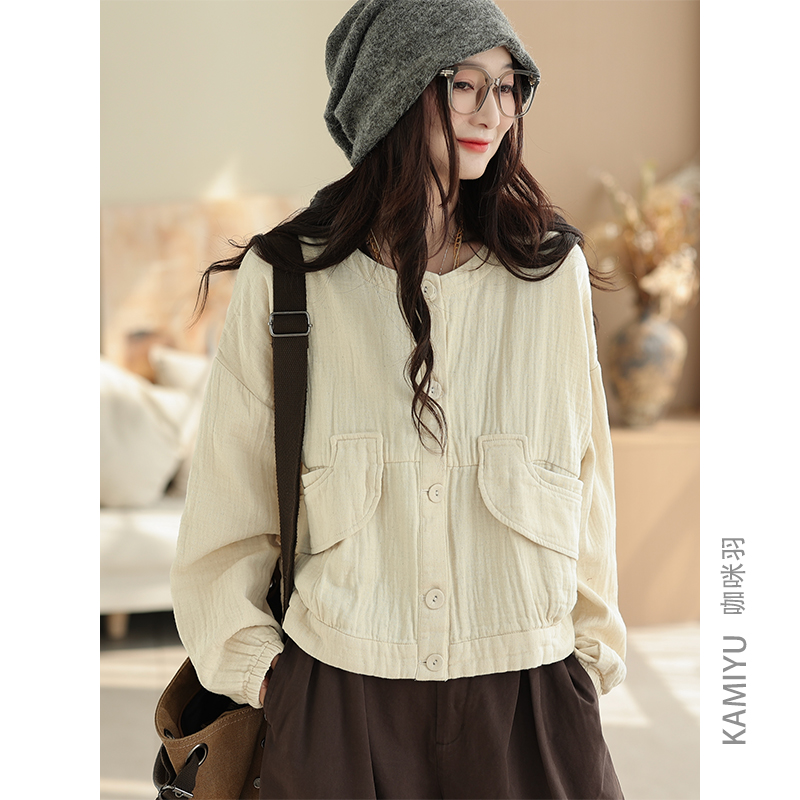 咖咪羽100%棉外套女秋装新款女士米色百搭韩版简约时尚减龄女装潮