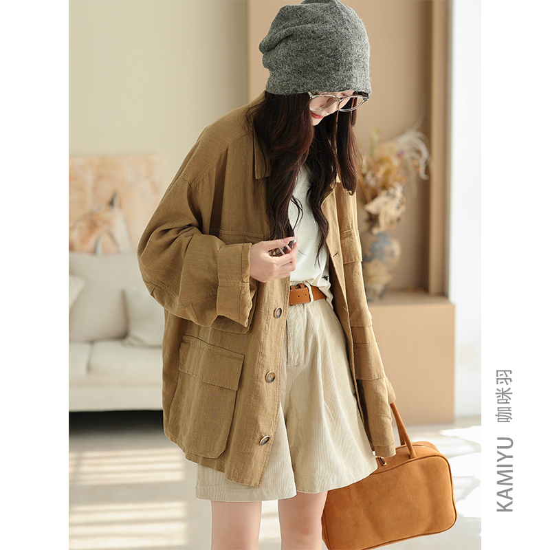 咖咪羽100%汉麻秋装新款大口袋翻领时尚中长款高定女装风衣外套女
