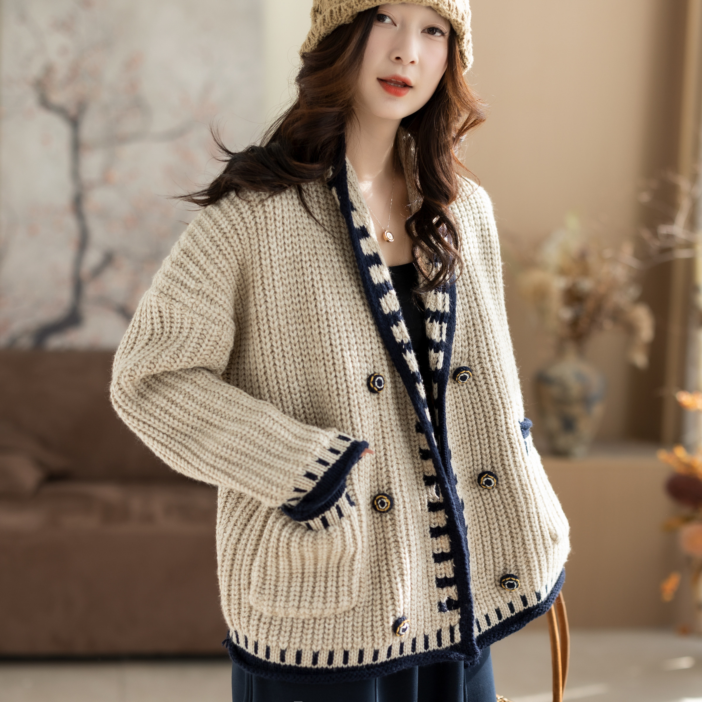 咖咪羽45%羊毛针织毛衣女开衫冬装新款加厚拼色宽松大码软糯女装