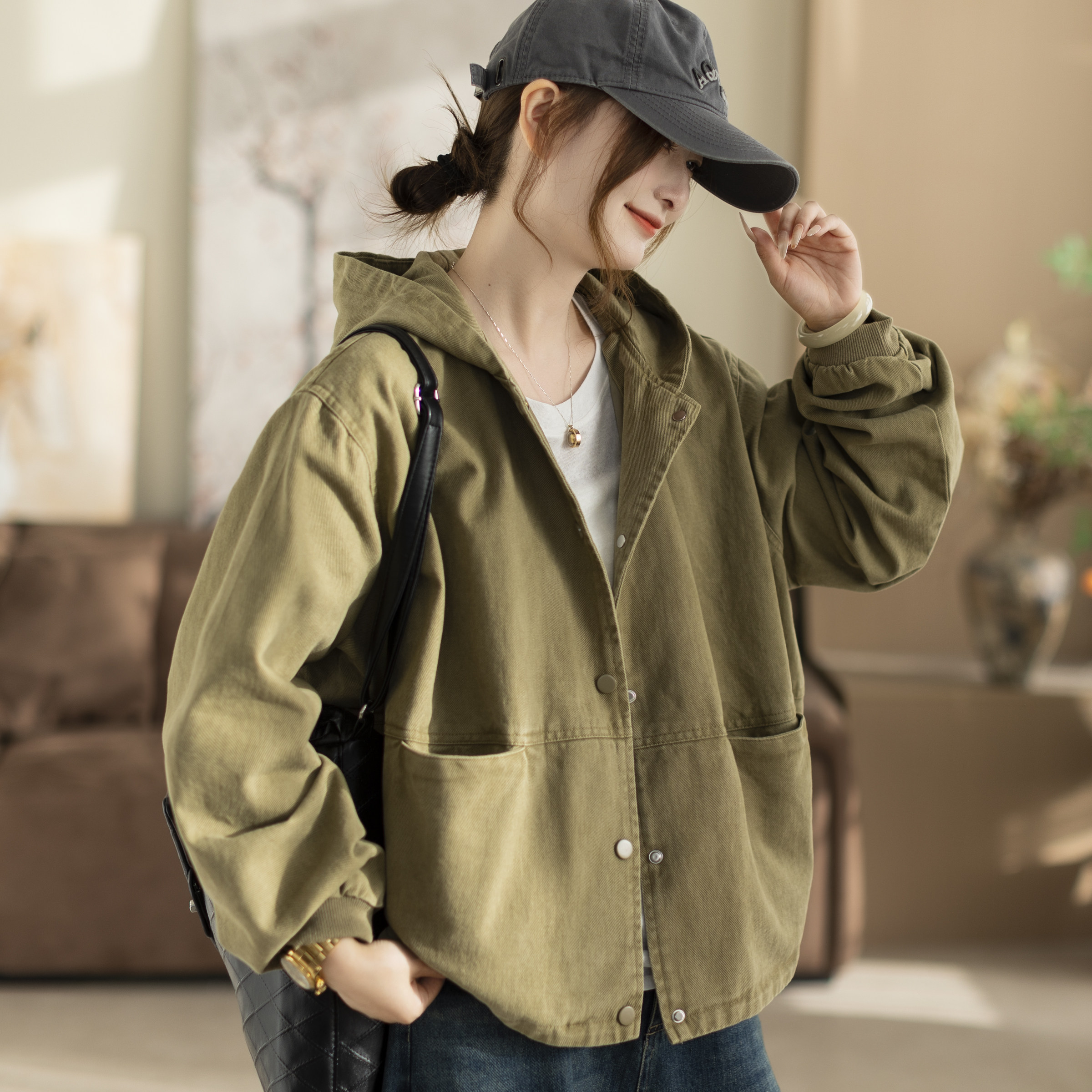 咖咪羽外套女休闲女士文艺百搭复古宽松帽子流行气质显瘦女装上衣