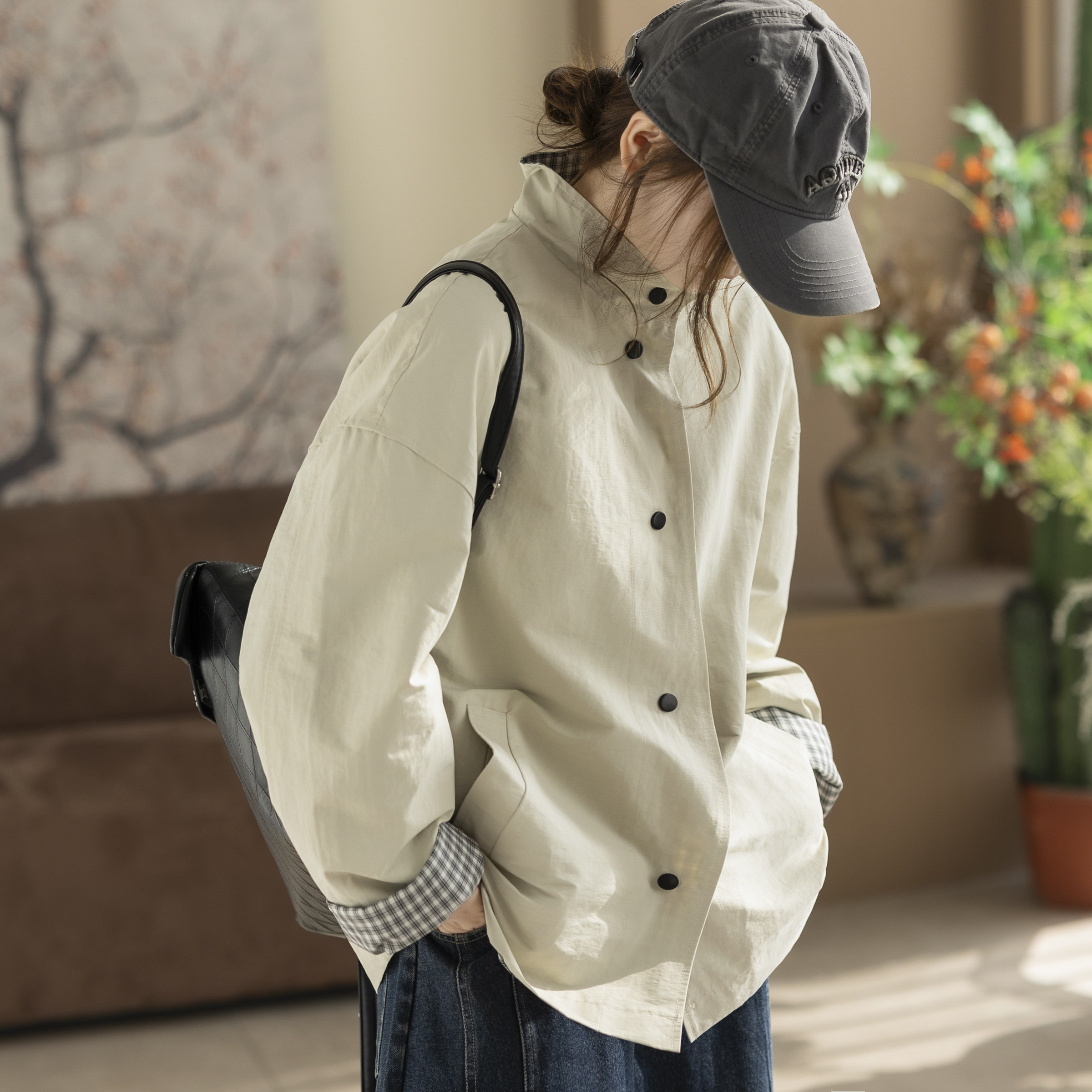 咖咪羽新款韩版拼格子袖简约休闲宽松中长款风衣外套春秋款