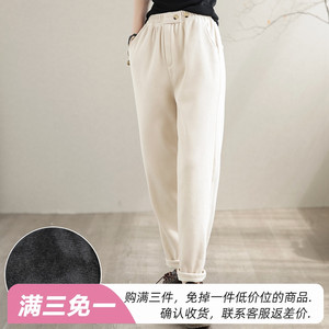 咖咪羽加绒休闲裤咖色女款冬装女士裤子加厚原创时尚女装哈伦裤女