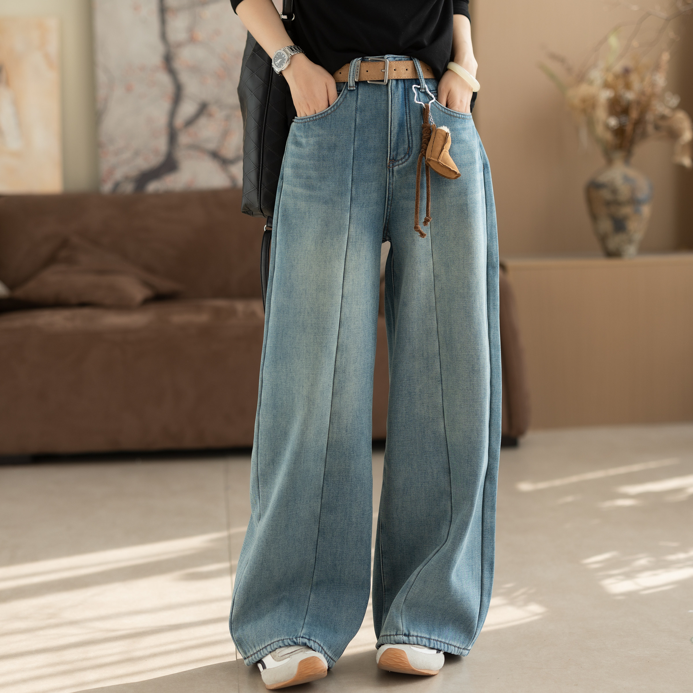 咖咪羽加绒加厚蓝色高腰阔腿牛仔裤女冬季复古显瘦百搭弯刀裤