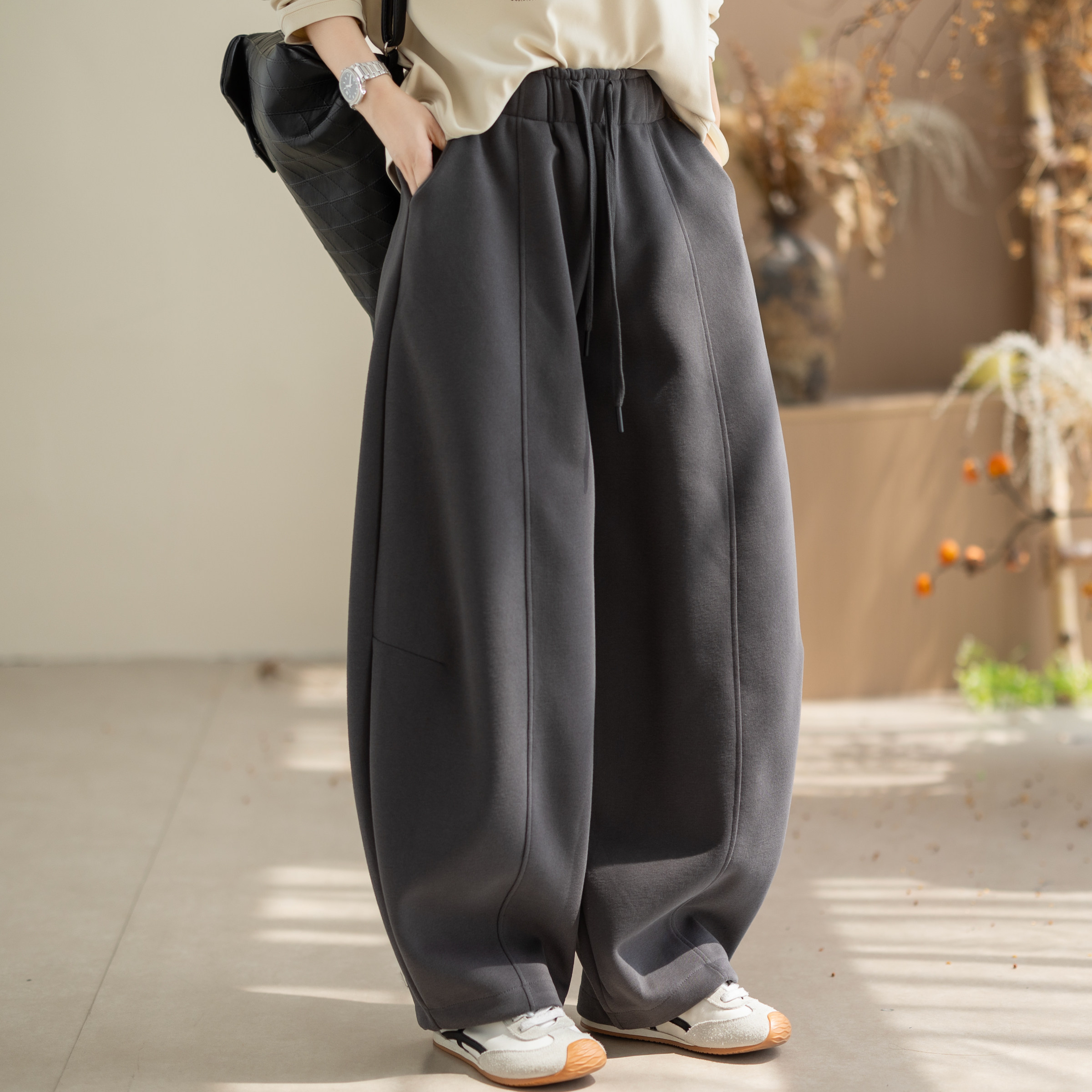 咖咪羽卫裤女秋冬新款文艺休闲女款洋气拼接直筒松弛女装休闲裤女