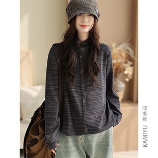 咖咪羽30%羊绒秋装外套女时尚半高领休闲条纹高级感时尚女装上衣