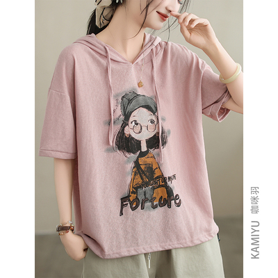 咖咪羽T恤女夏季新款女士连帽文艺休闲印花薄款时尚宽松拼接短袖