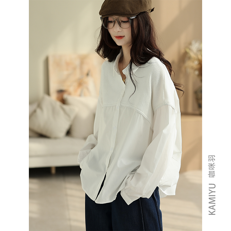 咖咪羽白色衬衫女新款亲肤透气落肩袖翻领时尚文艺宽松女装衬衣女
