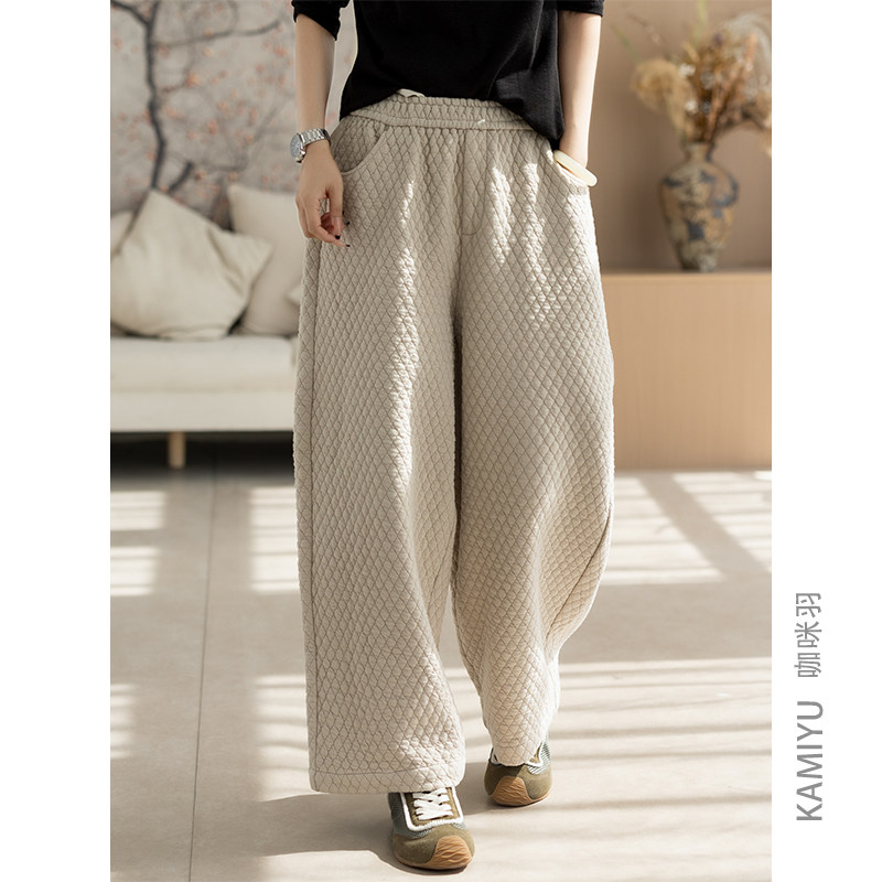 咖咪羽棉裤女秋冬新款直筒女士菱形格宽松文艺舒适通勤女装休闲裤