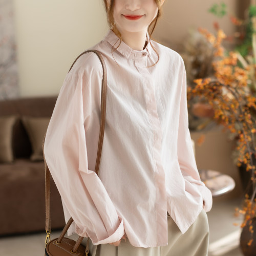 咖咪羽100%棉衬衫女春秋新款女士翻领亲肤透气长袖休闲风女装开衫