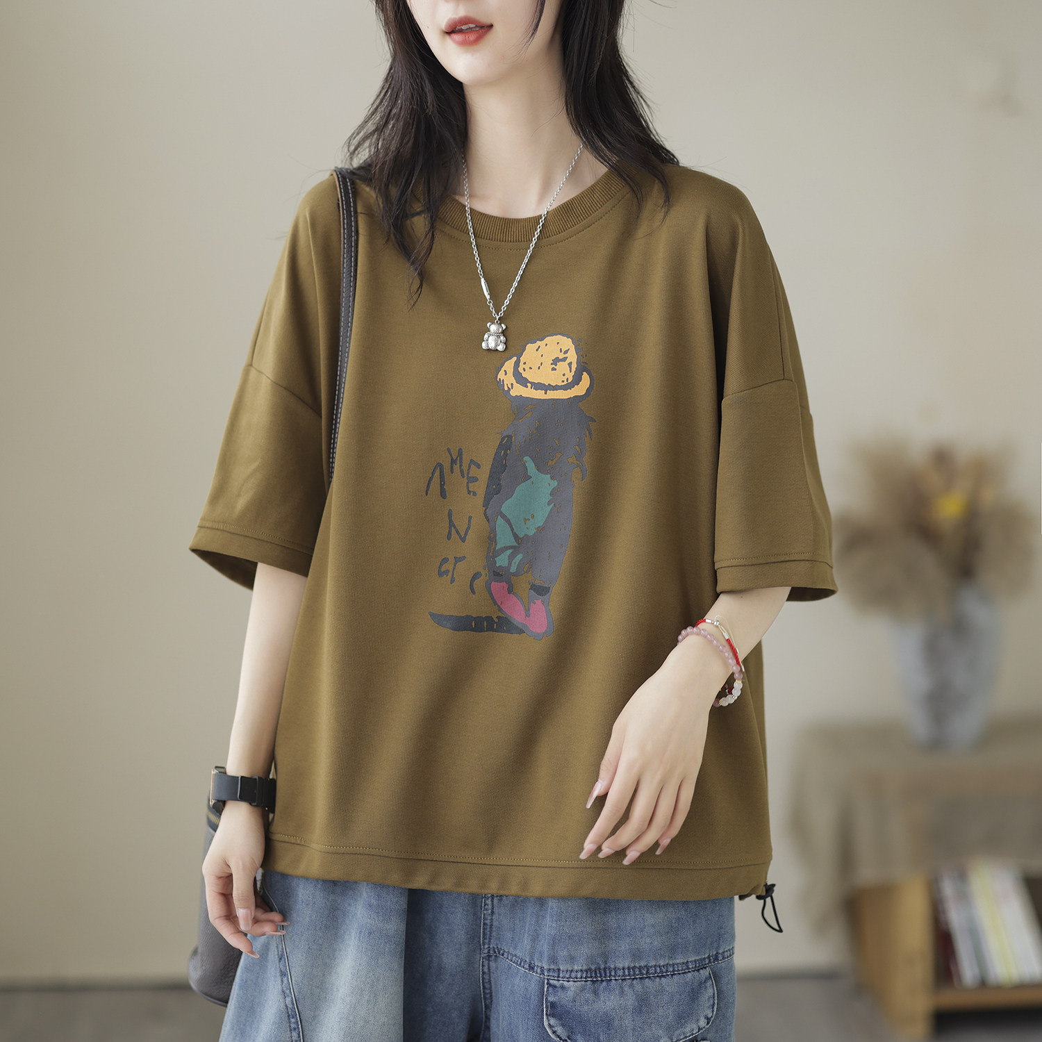 咖咪羽夏装短袖体恤女士黑色时尚休闲t卡通薄款文艺女装上衣t恤女