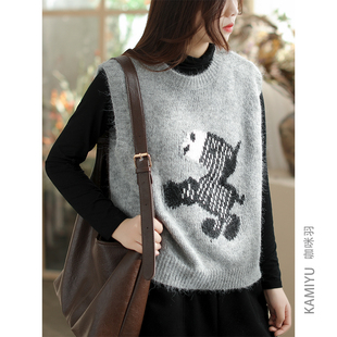 上衣坎肩马夹 毛衣背心减龄复古女装 咖咪羽针织马甲女秋冬新款 女式