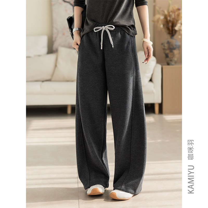 咖咪羽弯刀裤女秋冬加厚纯色百搭好看宽松羊毛运动女装直筒休闲裤