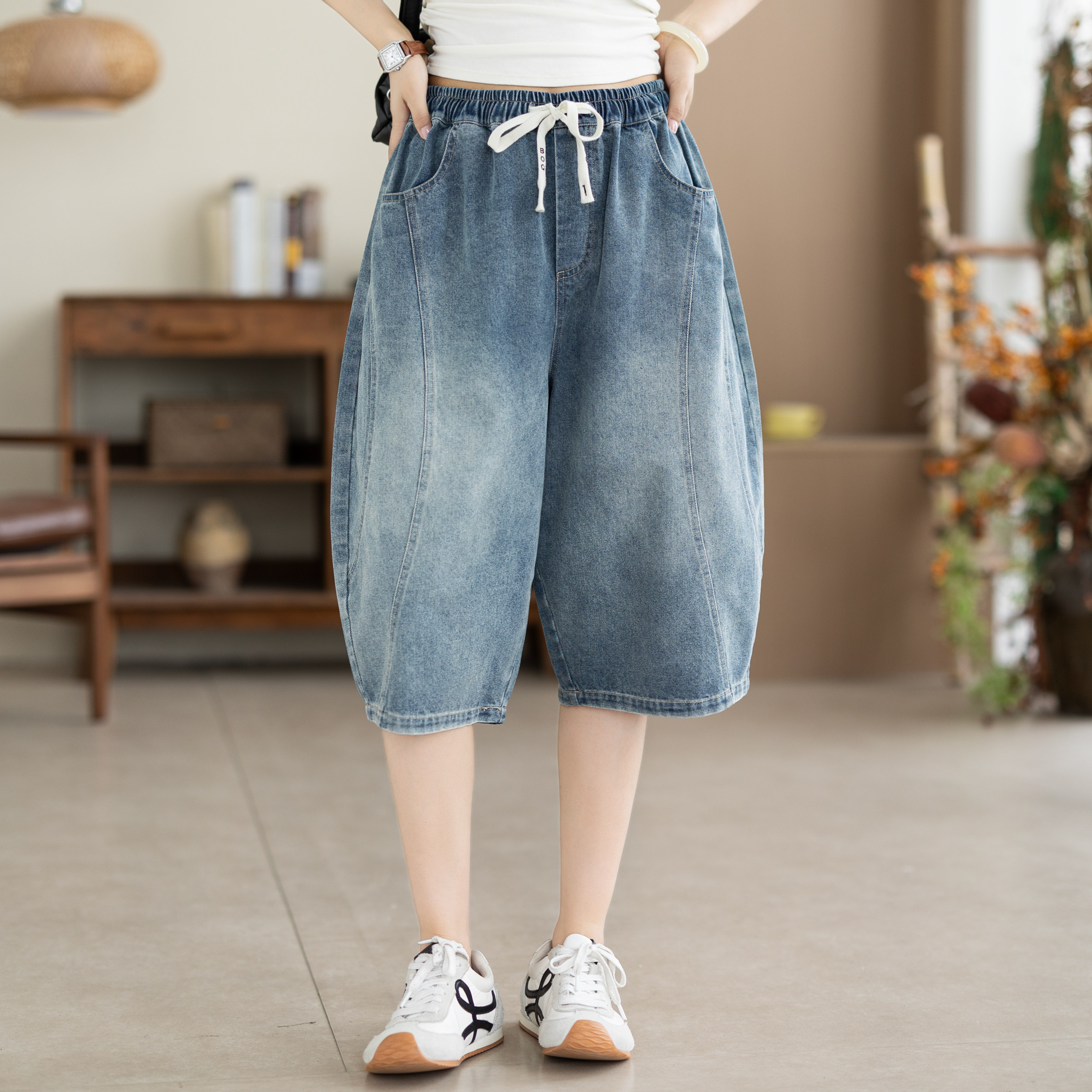 咖咪羽复古水洗七分牛仔裤女2026新款夏季宽松阔腿休闲女装短裤女