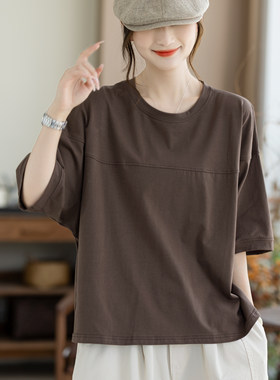 咖咪羽短袖宽松遮肉中袖上衣文艺复古圆领五分袖体恤女装T 恤女