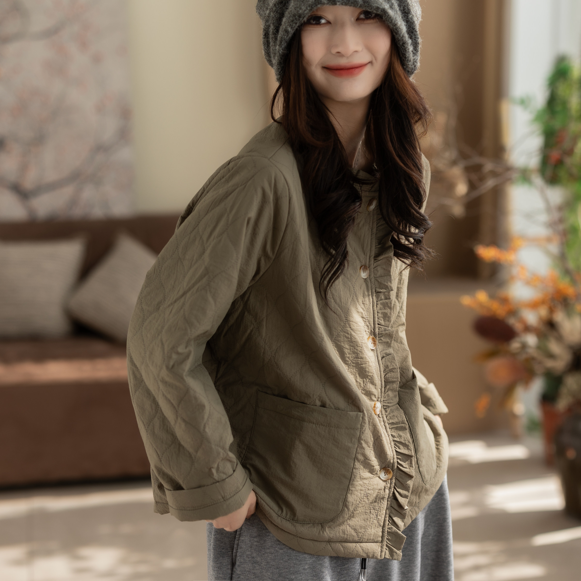 咖咪羽棉服女秋冬新款圆领木耳边时尚休闲通勤复古宽松女装棉衣女
