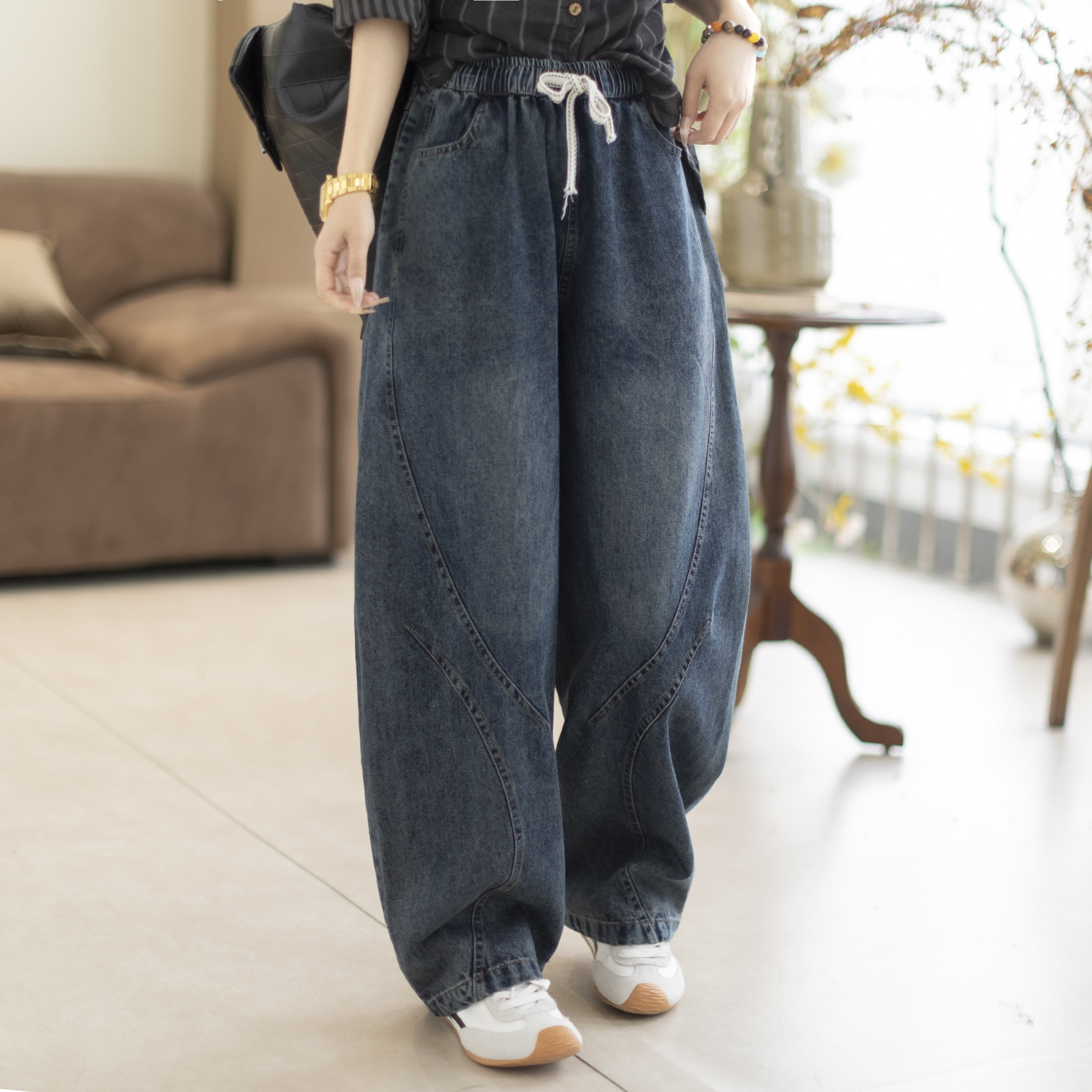 咖咪羽牛仔裤女春秋新款女士水洗休闲简约百搭直筒宽松女装哈伦裤