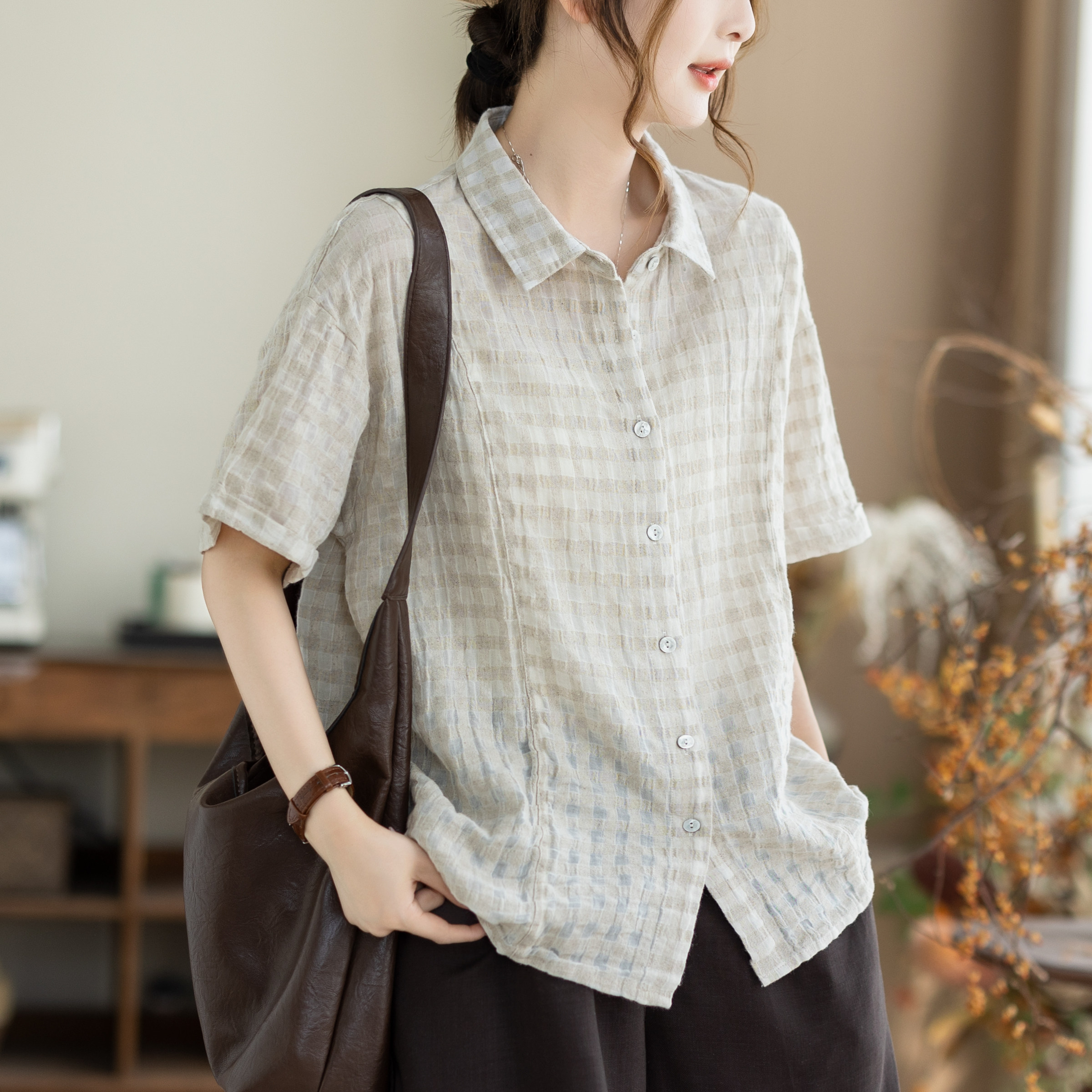 咖咪羽45%亚麻小衫夏季新款文艺格子宽松减龄气质女装短袖衬衫女