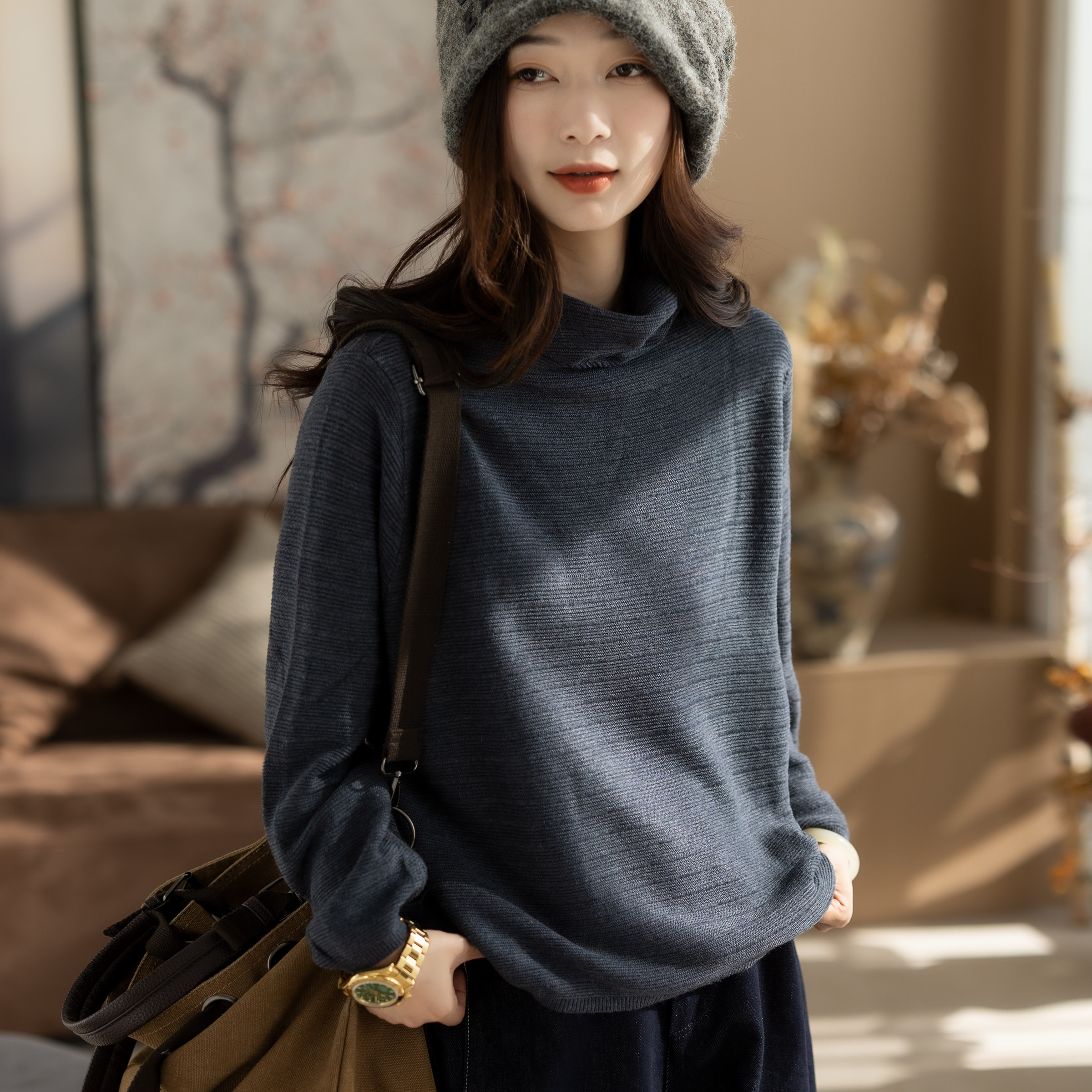 咖咪羽针织衫女秋冬新款女士高领10%羊毛宽松休闲流行女装上衣