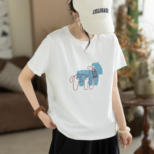 咖咪羽灰色短袖T恤女2026新款抽象小马印花休闲宽松百搭女装上衣