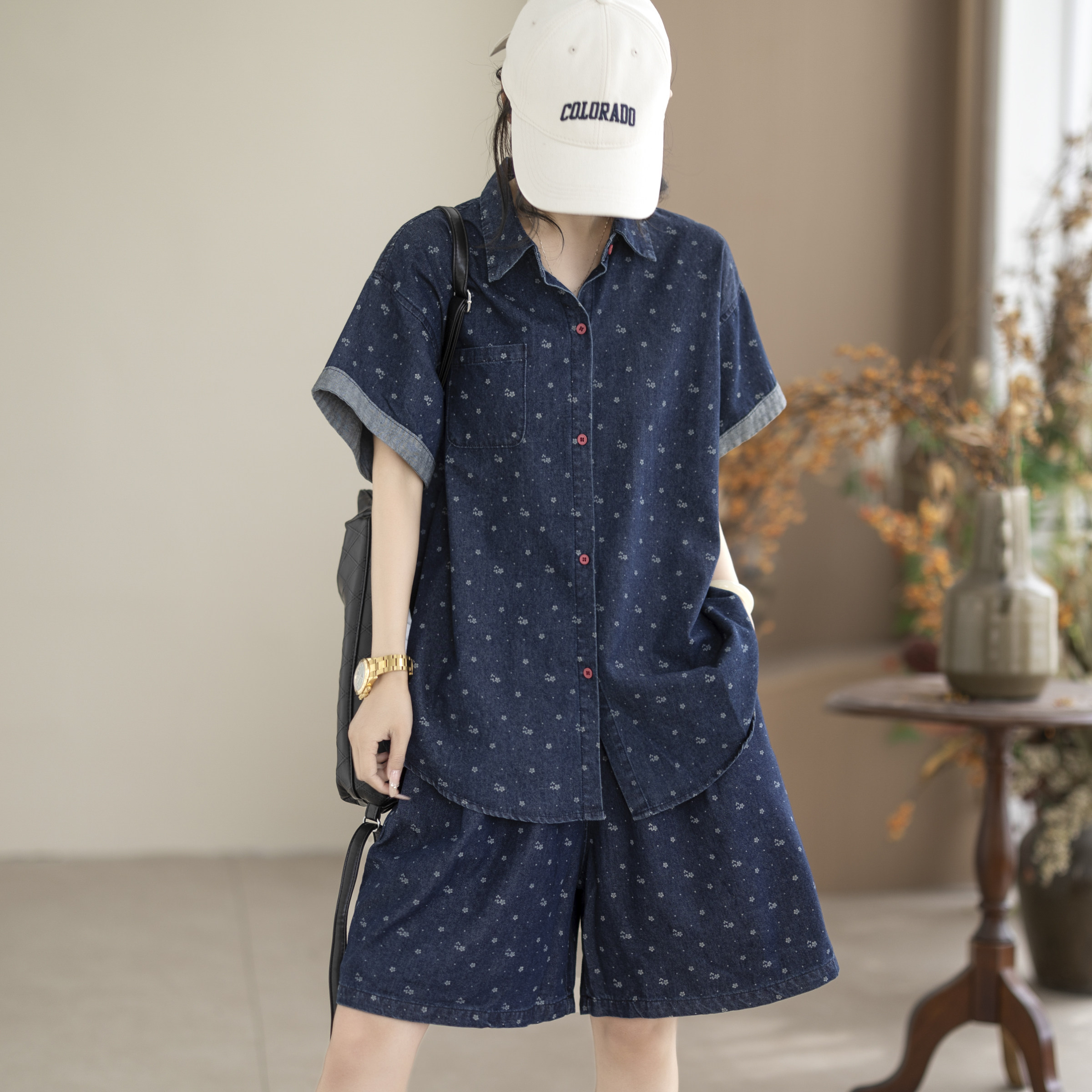 咖咪羽牛仔蓝波点短袖衬衫短裤套装女夏季宽松休闲减龄复古女装
