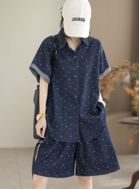 咖咪羽牛仔蓝波点短袖衬衫短裤套装女夏季宽松休闲减龄复古女装