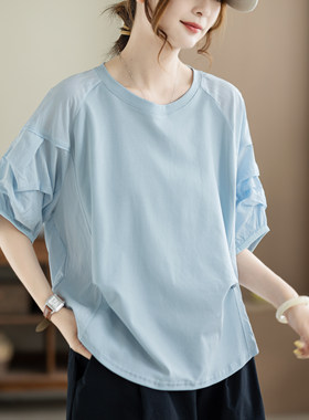 咖咪羽T恤女夏季宽松圆领拼接泡泡袖上衣大码显瘦休闲女装短袖 女