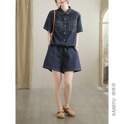 咖咪羽100%棉牛仔套装女纯色百搭短裤复古时尚休闲女装牛仔上衣