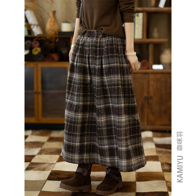 咖咪羽复古格子毛呢10%羊毛半身裙女冬季新款中长款A字大摆裙子潮