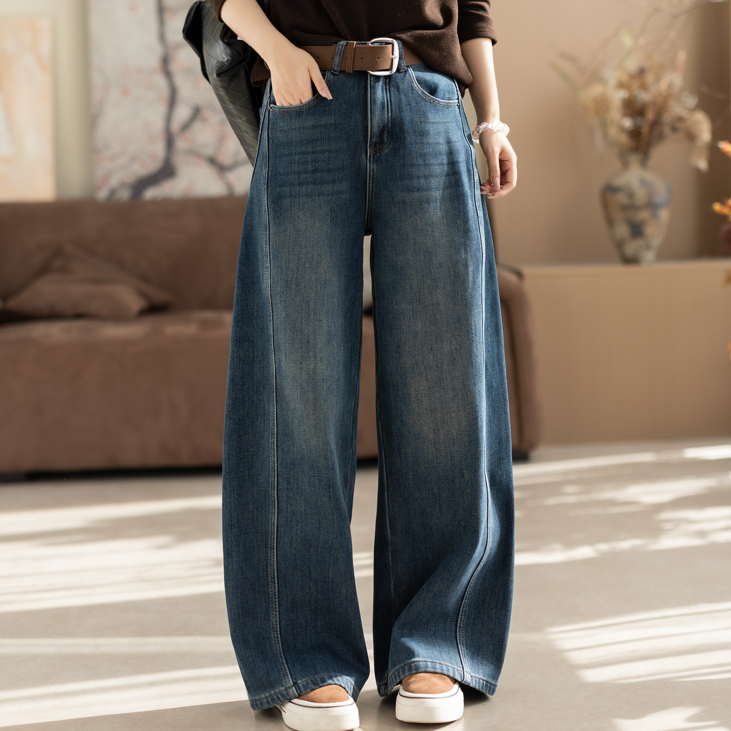 咖咪羽牛仔裤休闲女士加绒直筒复古宽松显瘦阔腿时尚高腰女装裤子