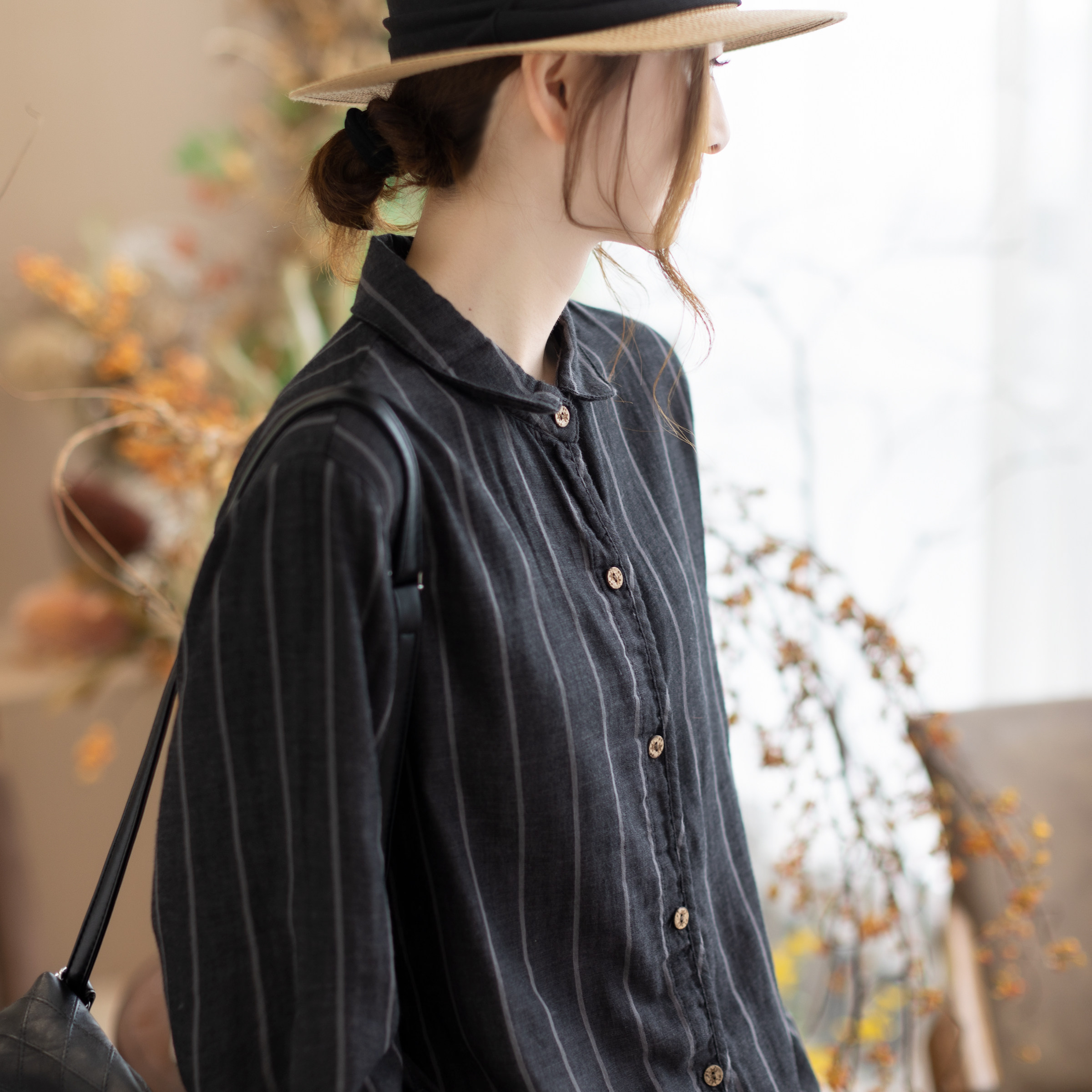 咖咪羽衬衫女春秋新款女士双层棉亲肤透气休闲条纹通勤女装开衫