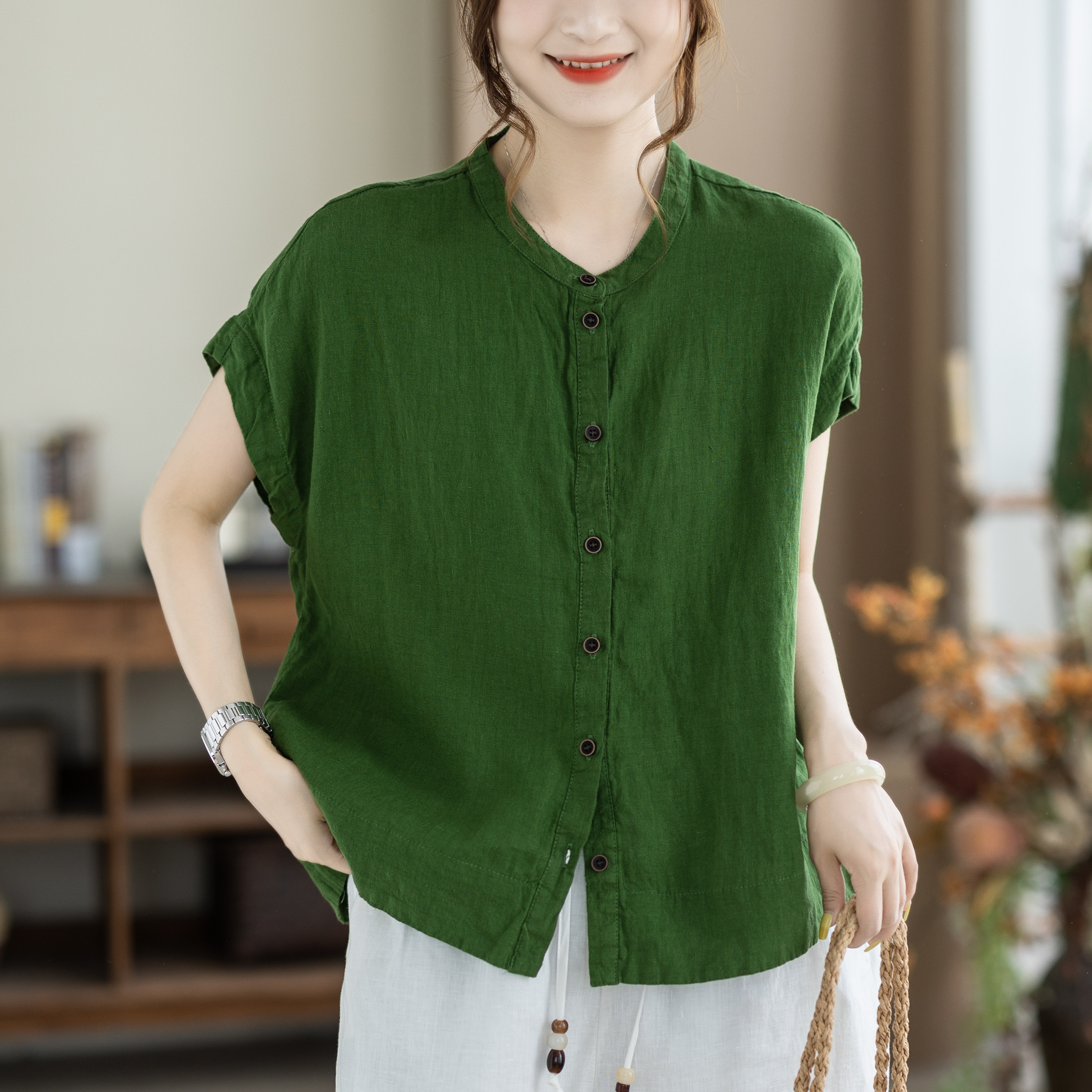 咖咪羽100%亚麻衬衫女夏季新款复古宽松流行休闲女装上衣衬衣女