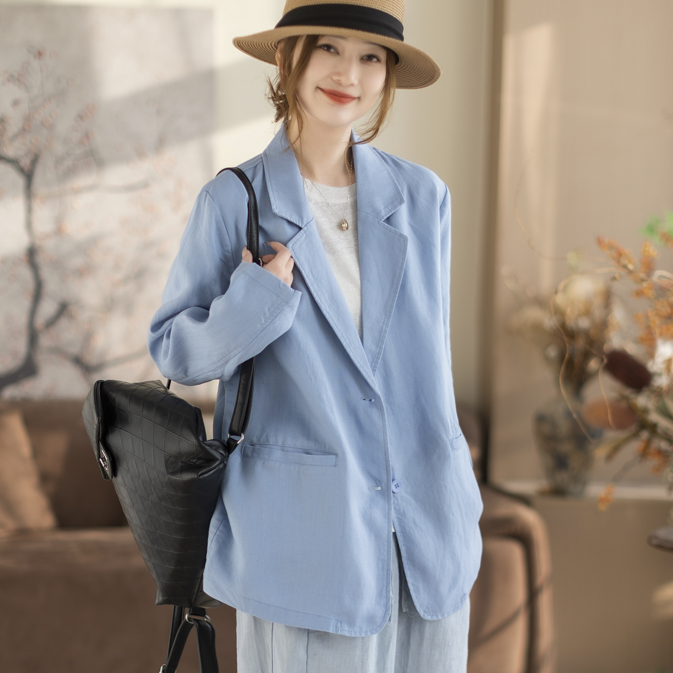 咖咪羽春秋棉麻文艺宽松西装休闲简约纯色外搭开衫小西服气质上衣