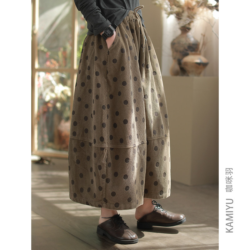 咖咪羽 时尚波点 秋冬时尚全棉灯芯绒复古A字裙复古风女款半身裙