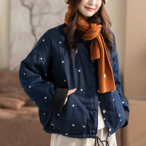 咖咪羽韩系好看刺绣碎花夹棉牛仔外套新款圆领宽松休闲棉服女