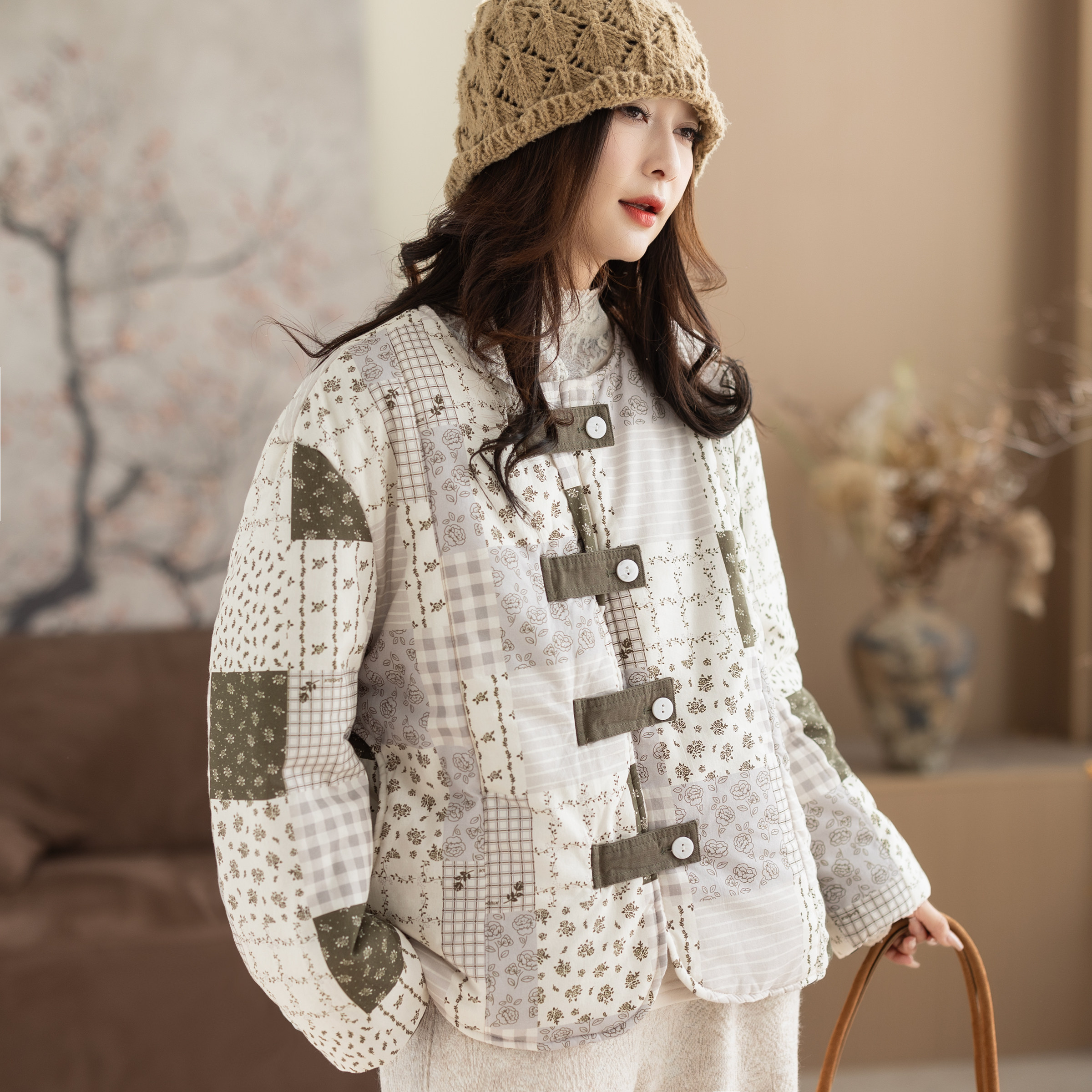 咖咪羽棉服女冬装新款女士撞色拼接休闲宽松百搭全棉女装上衣外套