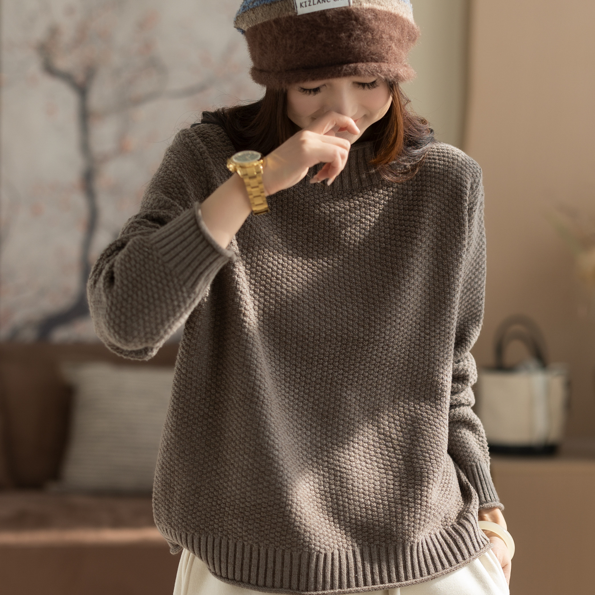 咖咪羽毛衣女冬装新款通勤慵懒半高领气质文艺休闲针织女装上衣厚