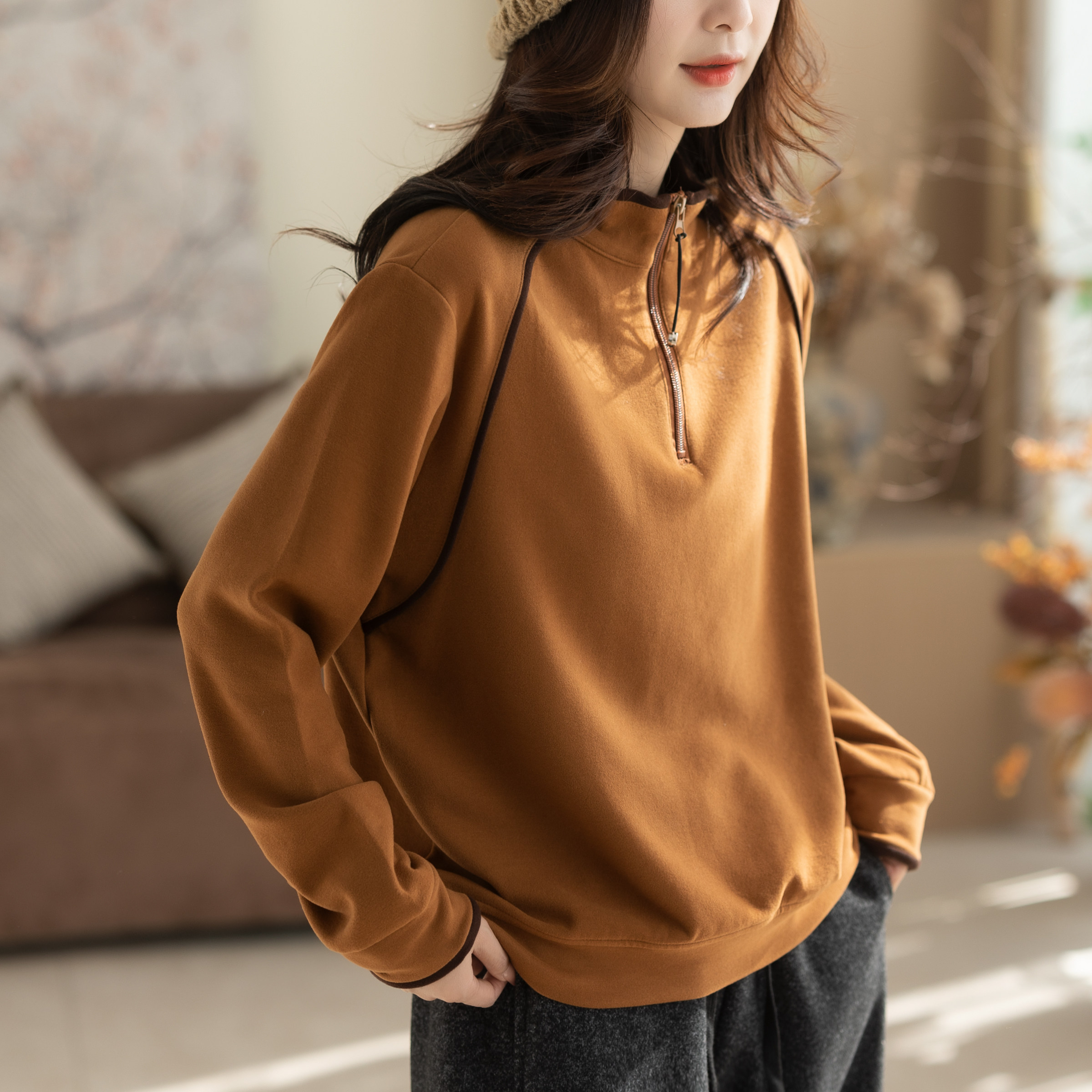 咖咪羽卫衣女秋冬新款时尚百搭德绒文艺纯色休闲女士显瘦流行上衣