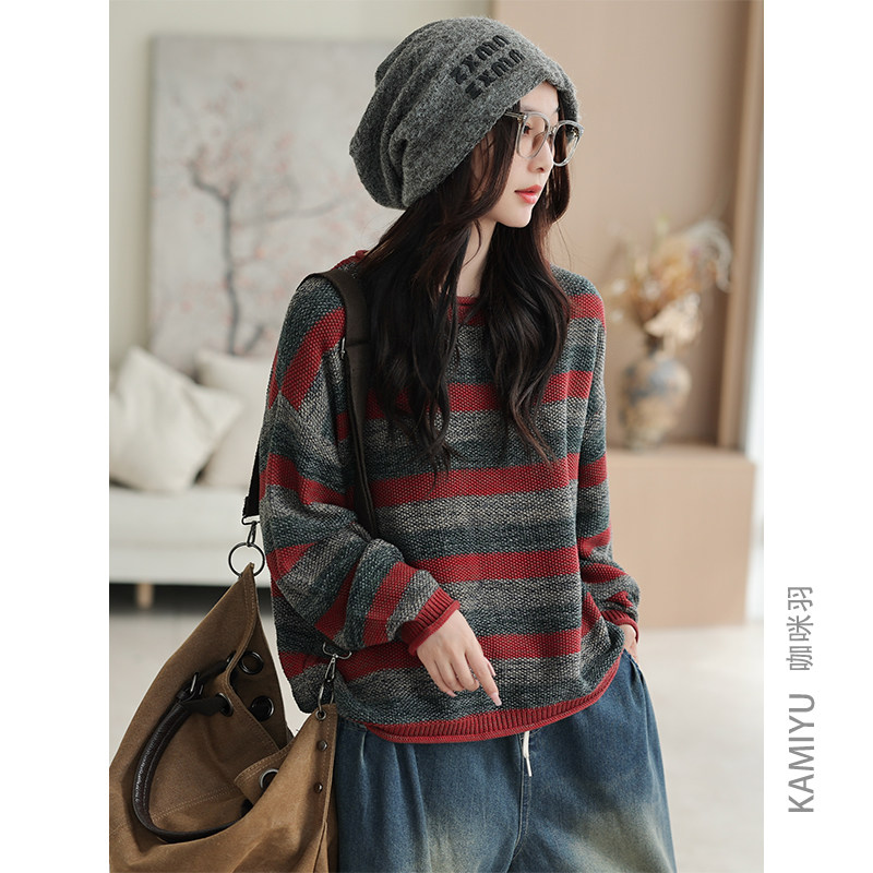 咖咪羽毛衣女秋冬新款圆领文艺休闲女士棉线条纹洋气宽松女装上衣