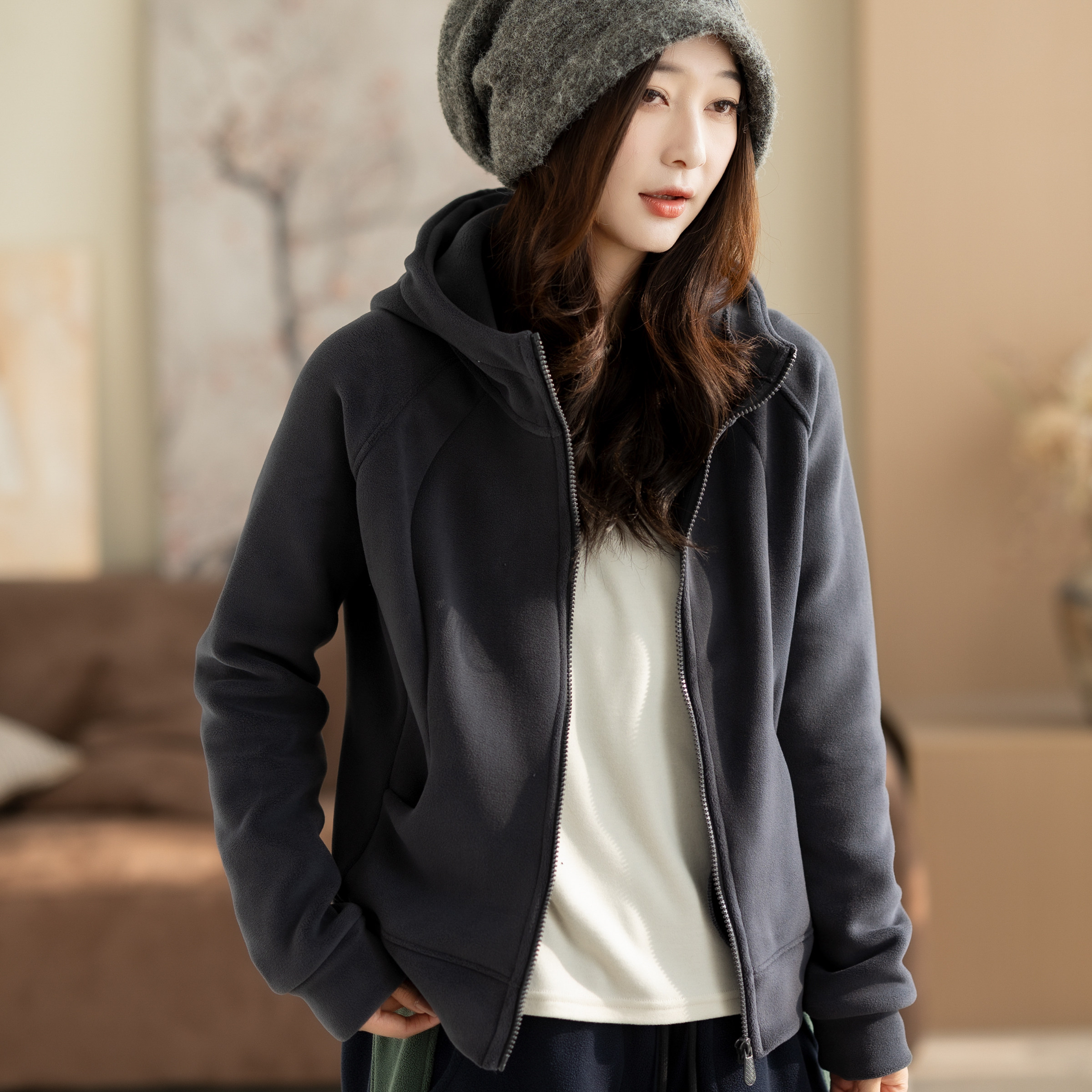 咖咪羽灰色连帽卫衣外套美式摇粒绒拉链立体拼接显瘦加厚上衣