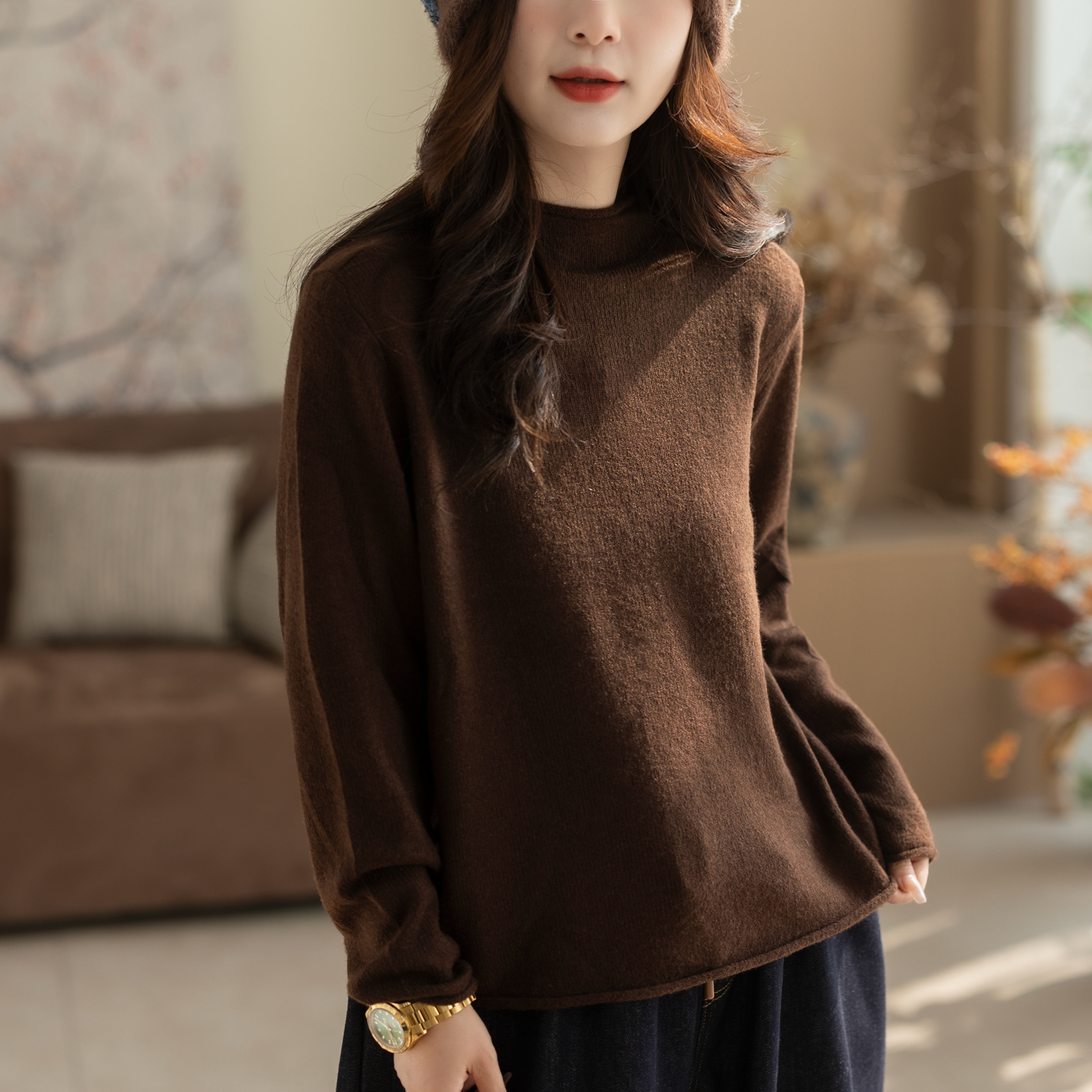 咖咪羽毛衣女冬装新款半高圆领12.1%羊毛软糯亲肤宽松好看针织衫