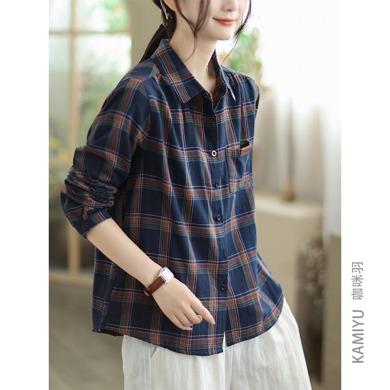咖咪羽全棉衬衫女士早秋减龄显瘦上衣设计感通勤格子衬衫