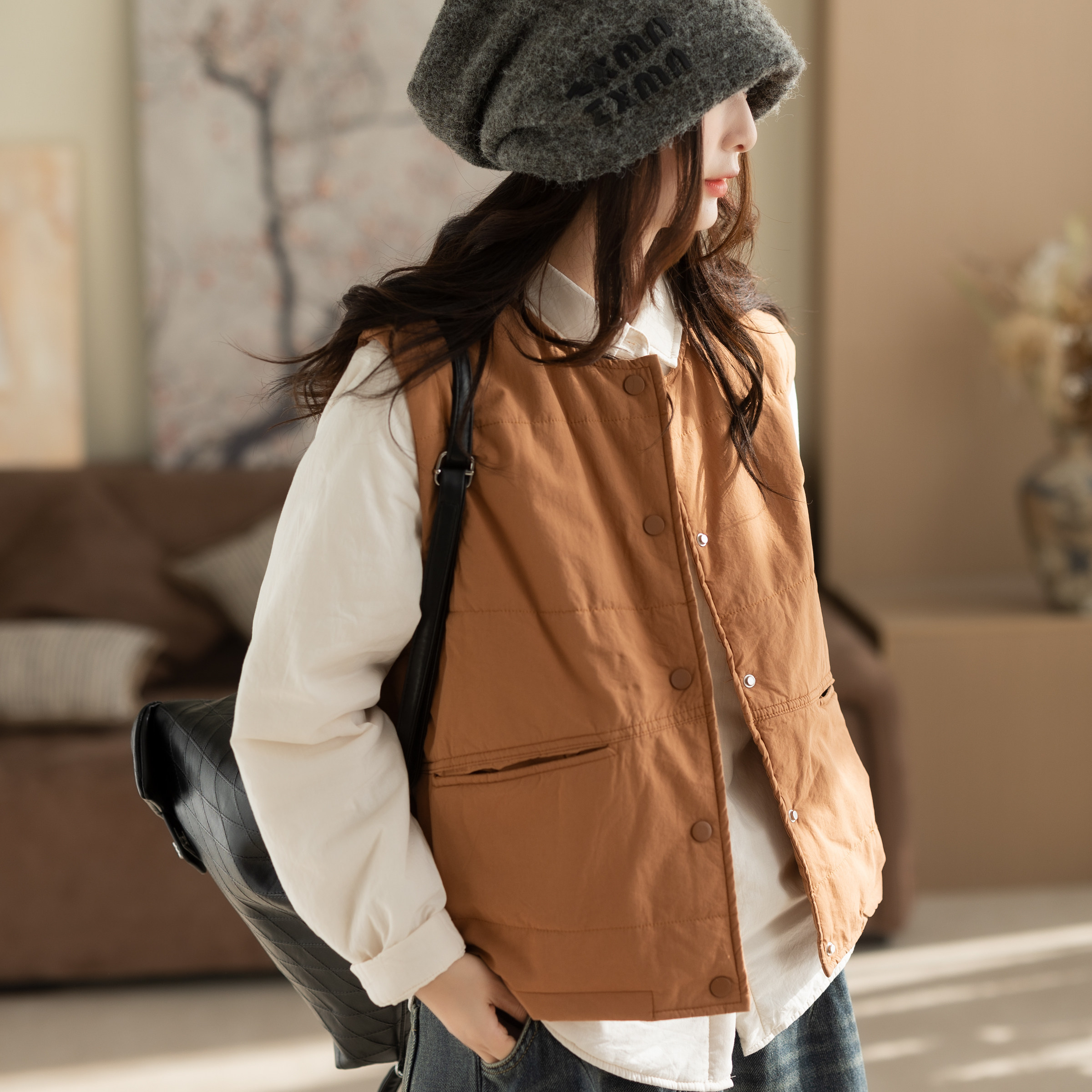 咖咪羽100%棉马甲女东秋冬新款女士无袖坎肩纯色女装上衣马夹外套