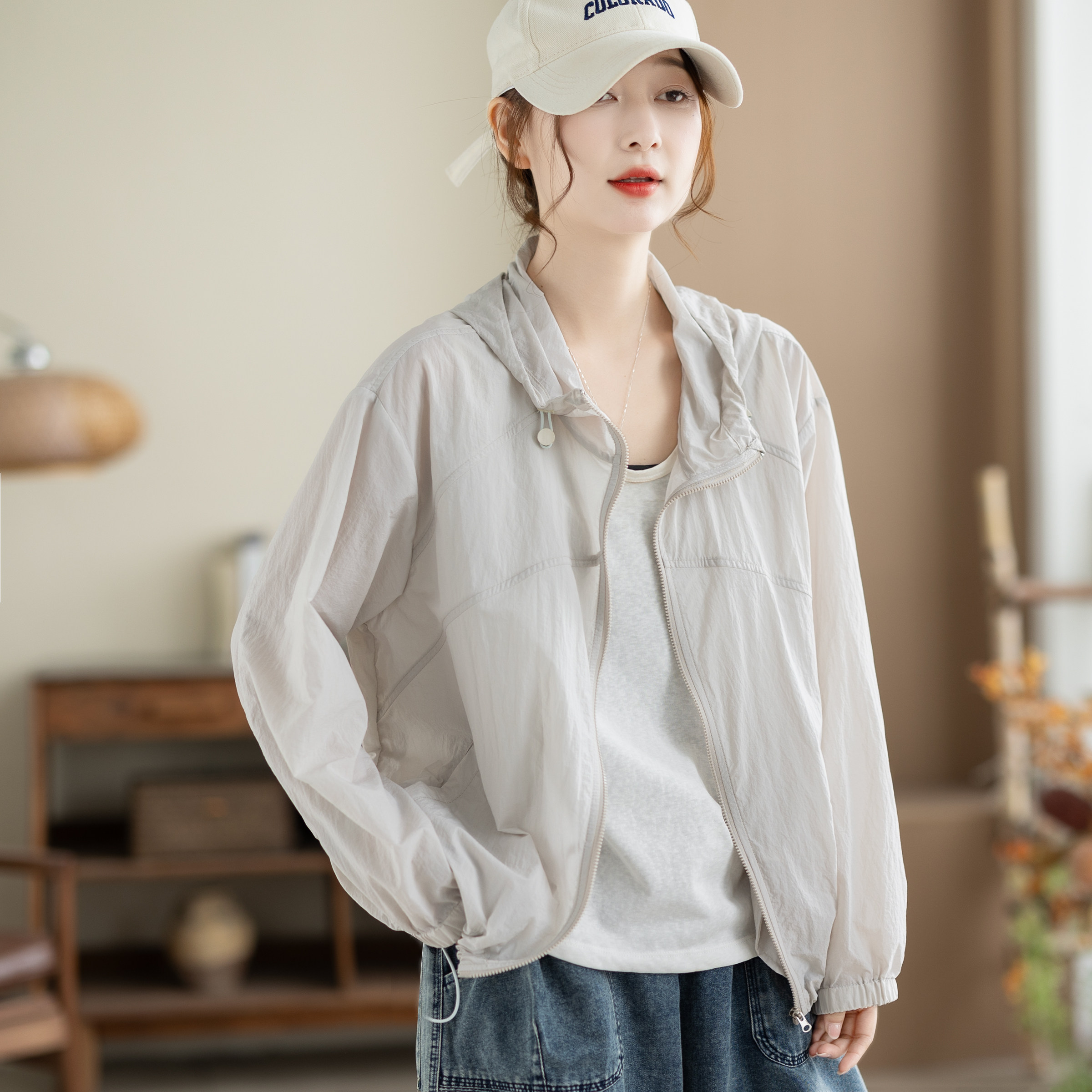 咖咪羽连帽防晒衣女夏季宽松透气抽绳短外套休闲轻薄女装防晒服女