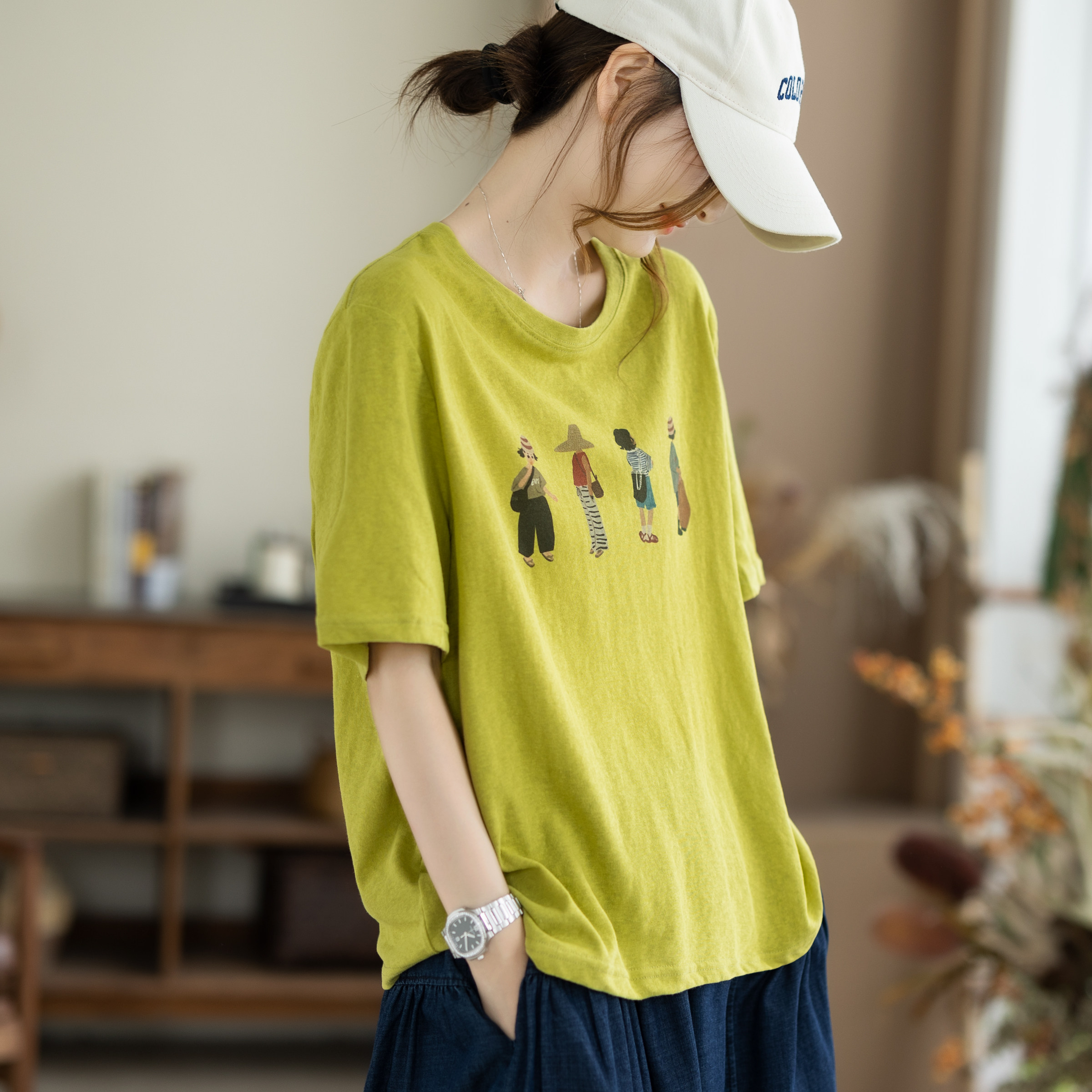 咖咪羽T恤女夏季新款休闲印花宽松大码慵懒风透气减龄女装短袖
