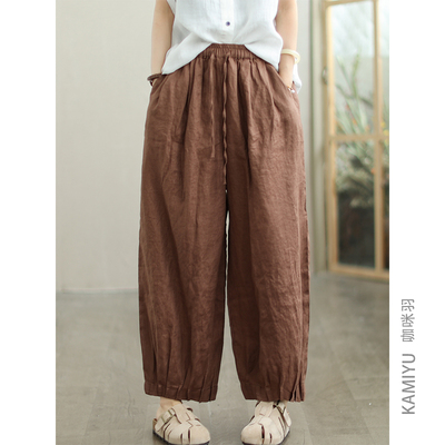 咖咪羽休闲裤女夏季新款女士宽松复古纯色松紧腰显瘦气质女款裤子