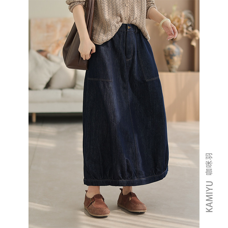 咖咪羽秋款复古时尚酵素水洗双明线设计感高腰直筒牛仔半身裙