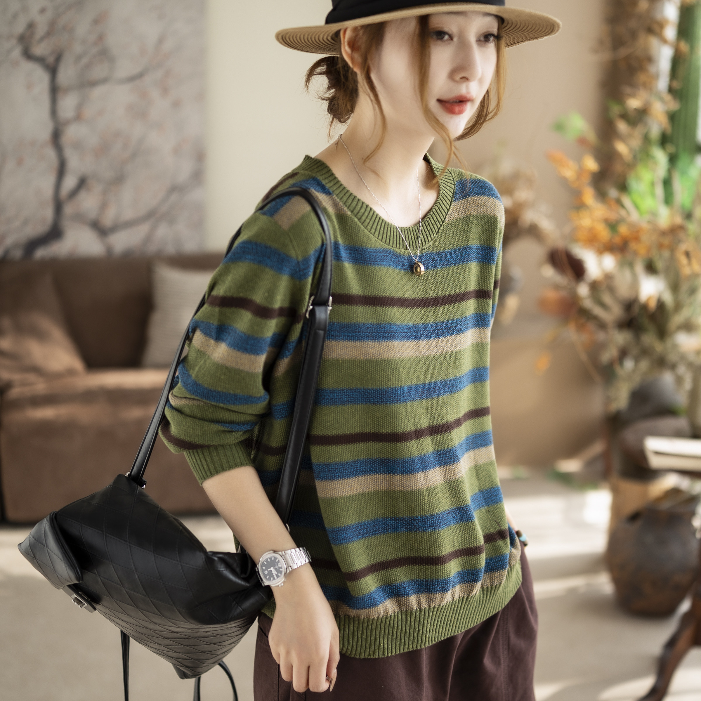 咖咪羽圆领拼色提花针织衫毛衣春秋款棉线套头显瘦百搭减龄上衣