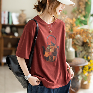 T恤女宽松百搭休闲女装 复古拼色圆领印花短袖 上衣 新款 咖咪羽夏季